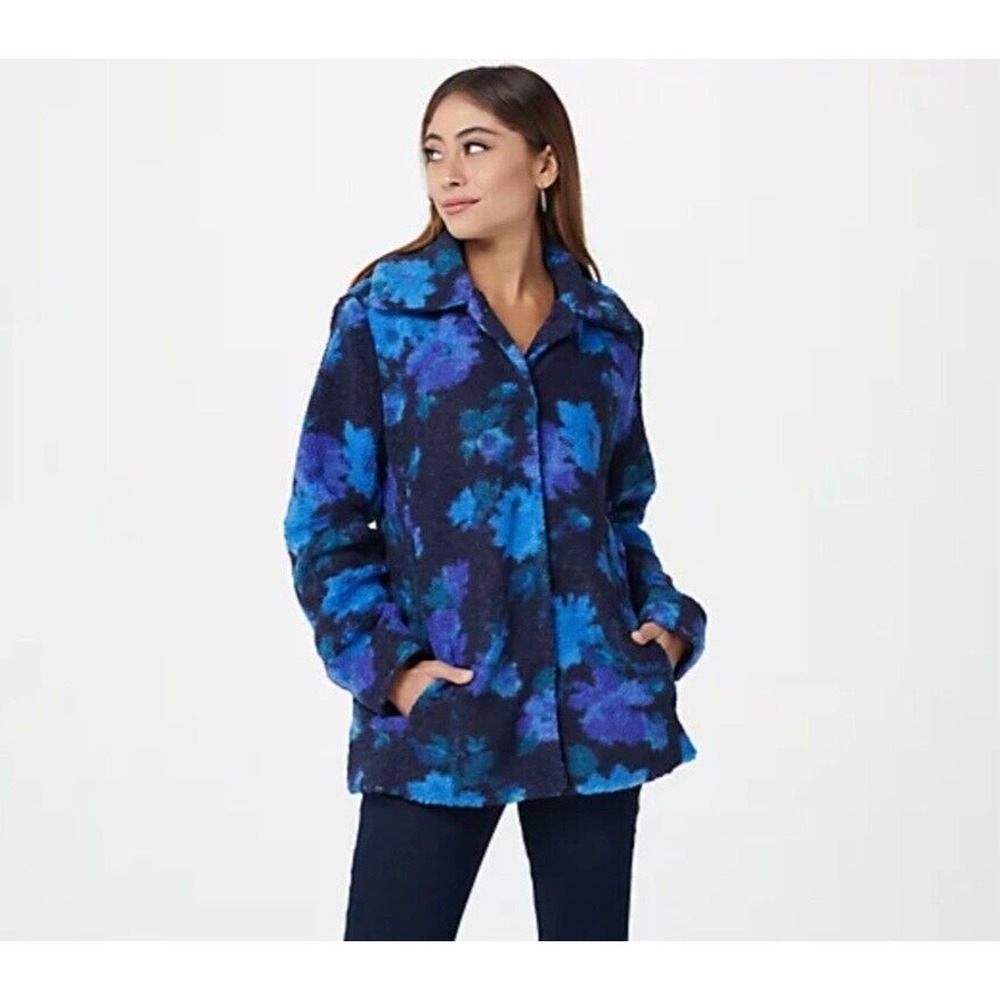 Isaac Mizrahi Live! Floral Printed Faux Fur Shearling Coat Navy QVC Size M